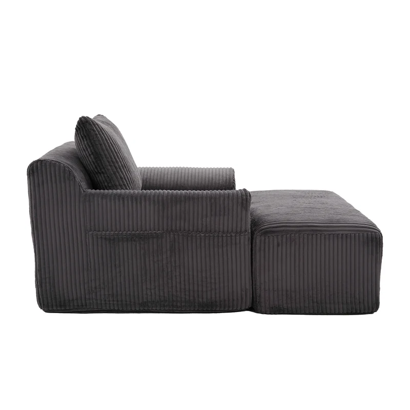 Canapé simple fauteuil XXL en velours côtelé gris, dossier profond, repose pied, coussin & poches latérales, sans montage HOTSPRINGPOOL
