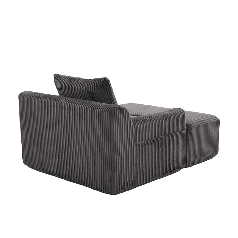 Canapé simple fauteuil XXL en velours côtelé gris, dossier profond, repose pied, coussin & poches latérales, sans montage HOTSPRINGPOOL