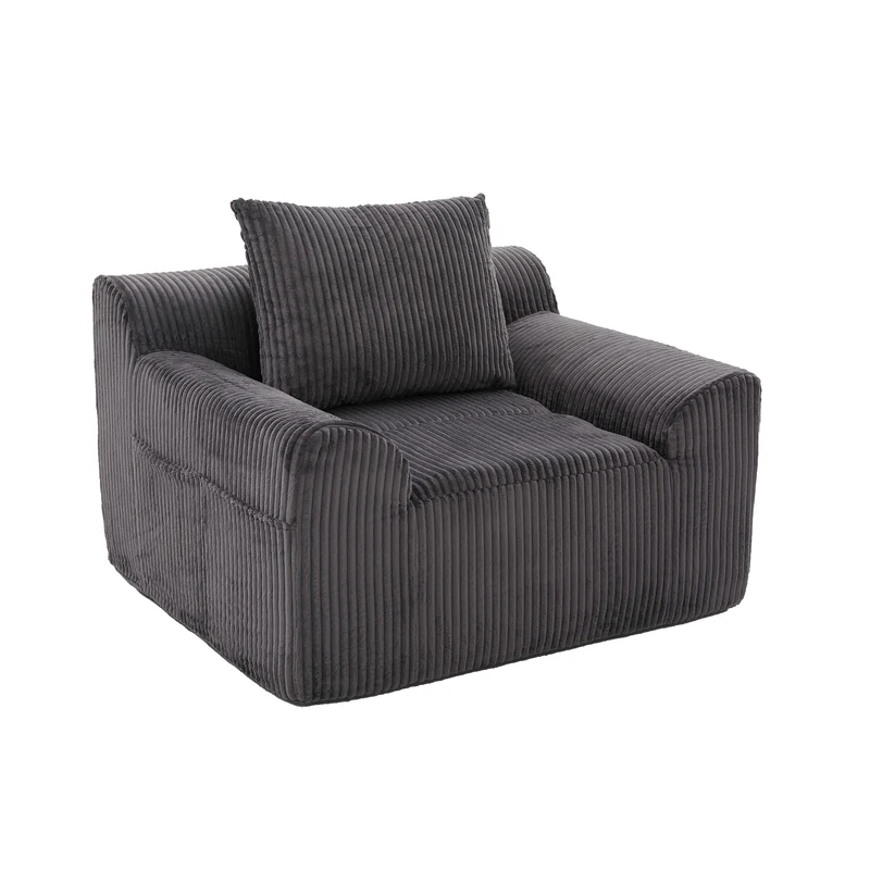 Canapé simple fauteuil XXL en velours côtelé gris, dossier profond, repose pied, coussin & poches latérales, sans montage HOTSPRINGPOOL