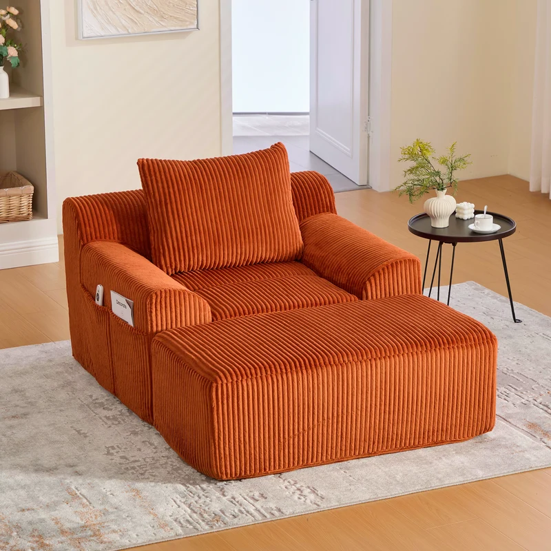 Canapé simple fauteuil XXL en velours côtelé orange, dossier profond, repose pied, coussin & poches latérales, sans montage NEBKHAMOUND