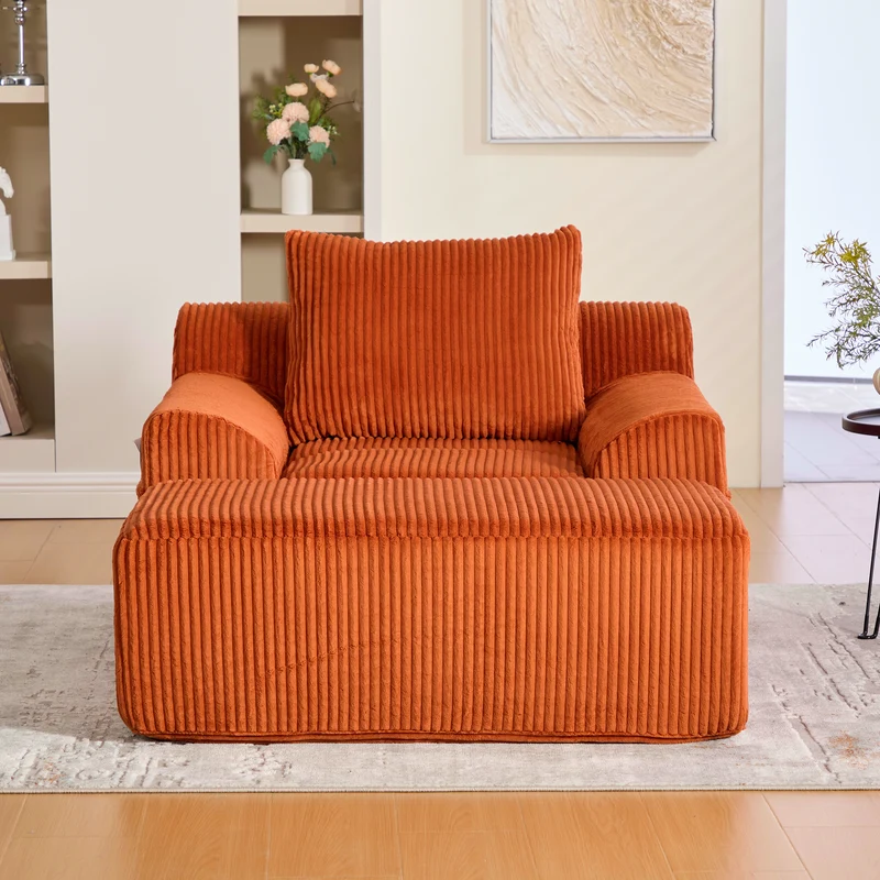 Canapé simple fauteuil XXL en velours côtelé orange, dossier profond, repose pied, coussin & poches latérales, sans montage NEBKHAMOUND