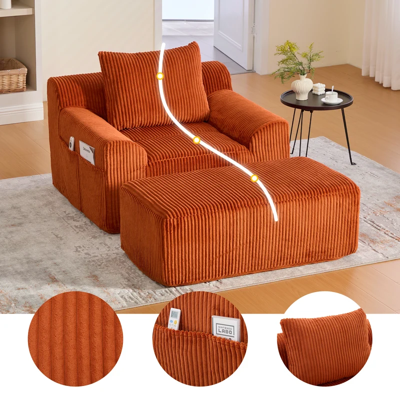 Canapé simple fauteuil XXL en velours côtelé orange, dossier profond, repose pied, coussin & poches latérales, sans montage NEBKHAMOUND