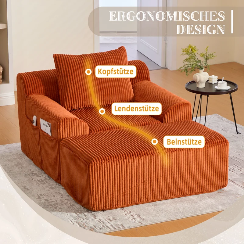 Canapé simple fauteuil XXL en velours côtelé orange, dossier profond, repose pied, coussin & poches latérales, sans montage NEBKHAMOUND