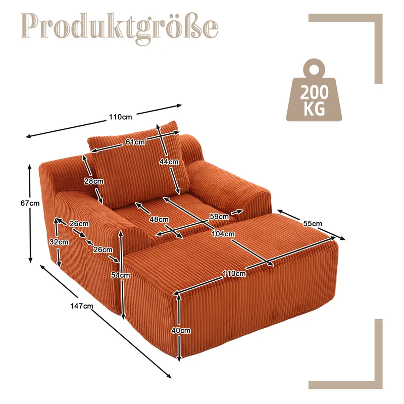 Canapé simple fauteuil XXL en velours côtelé orange, dossier profond, repose pied, coussin & poches latérales, sans montage NEBKHAMOUND