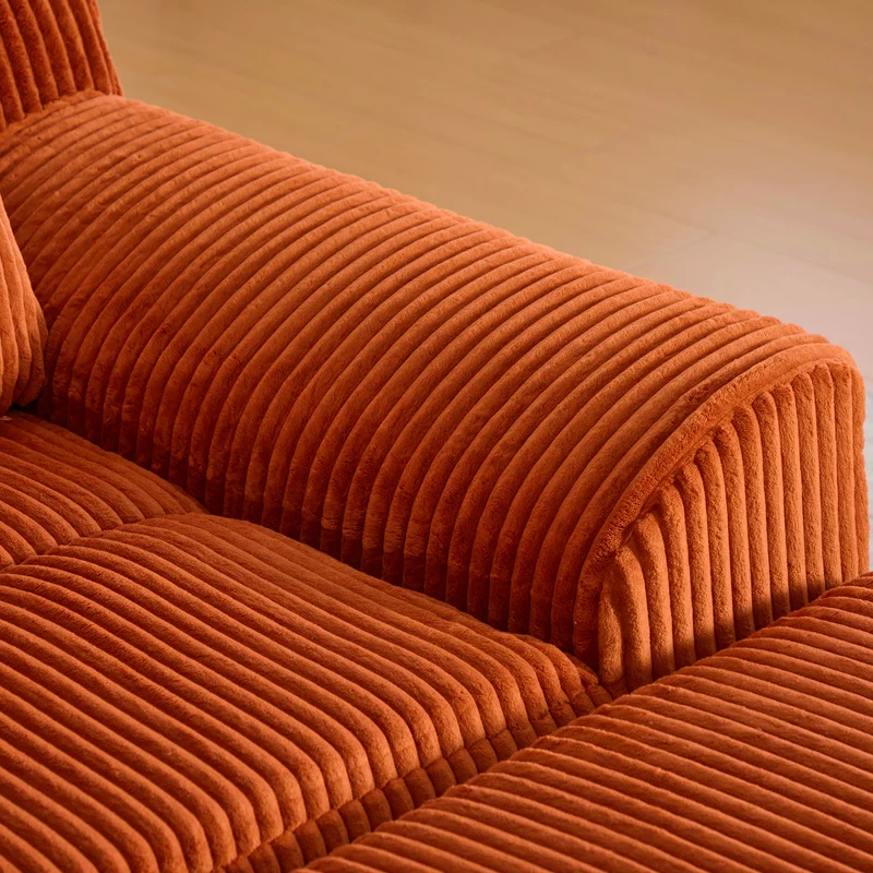 Canapé simple fauteuil XXL en velours côtelé orange, dossier profond, repose pied, coussin & poches latérales, sans montage NEBKHAMOUND