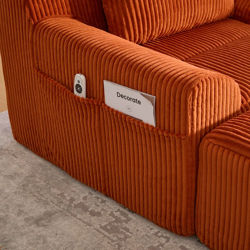 Canapé simple fauteuil XXL en velours côtelé orange, dossier profond, repose pied, coussin & poches latérales, sans montage NEBKHAMOUND