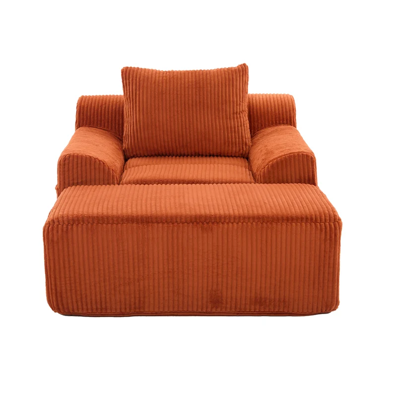 Canapé simple fauteuil XXL en velours côtelé orange, dossier profond, repose pied, coussin & poches latérales, sans montage NEBKHAMOUND