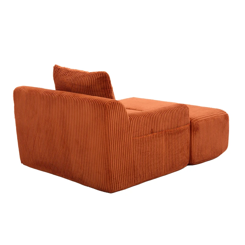 Canapé simple fauteuil XXL en velours côtelé orange, dossier profond, repose pied, coussin & poches latérales, sans montage NEBKHAMOUND