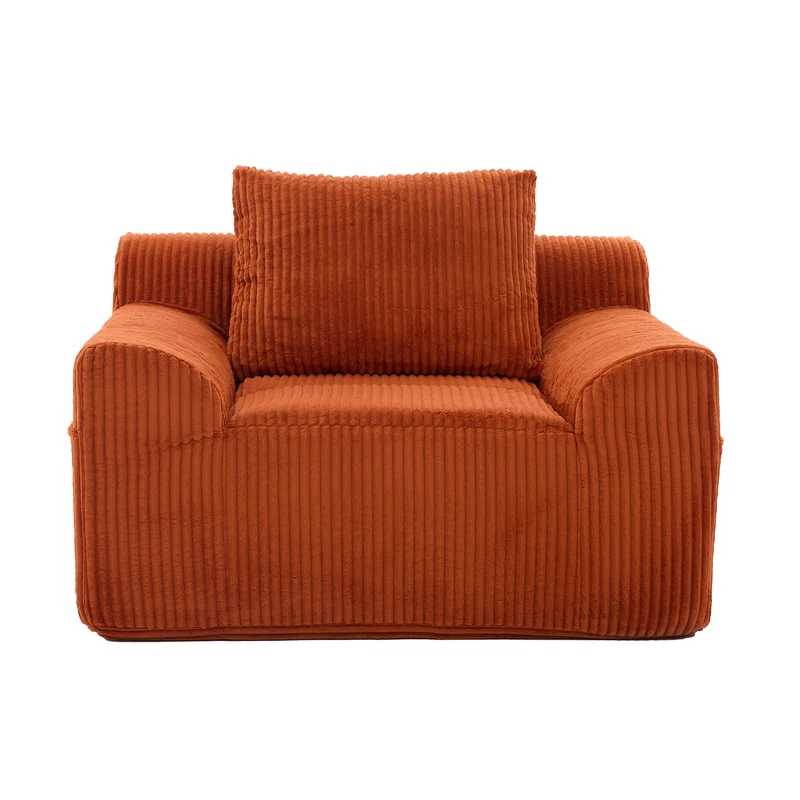 Canapé simple fauteuil XXL en velours côtelé orange, dossier profond, repose pied, coussin & poches latérales, sans montage NEBKHAMOUND