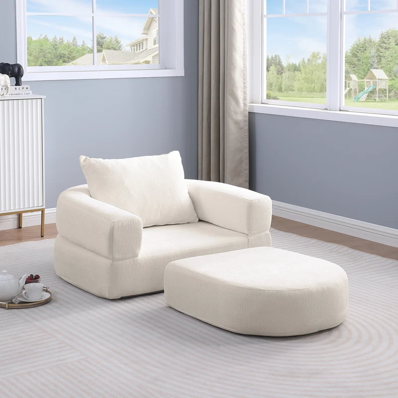 Canapé fauteuil convertible 2-en-1 matelas de sol modulable en chenille blanc avec oreiller intégré SUGARSECRET