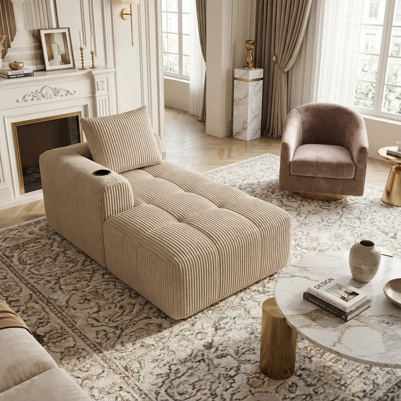 Méridienne droite en velours côtelé beige modulable avec porte-gobelet et poche latérale LAGOONOVAL