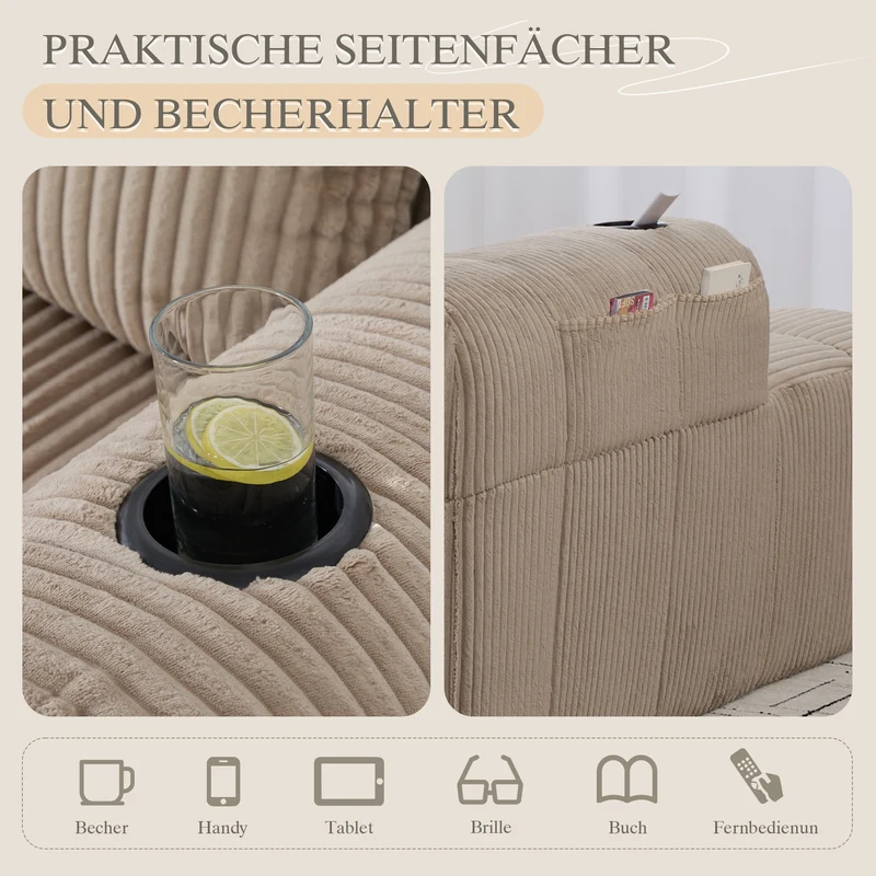 Méridienne droite en velours côtelé beige modulable avec porte-gobelet et poche latérale LAGOONOVAL