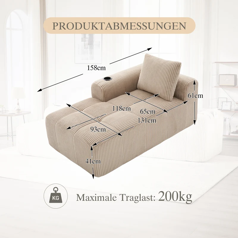 Méridienne droite en velours côtelé beige modulable avec porte-gobelet et poche latérale LAGOONOVAL