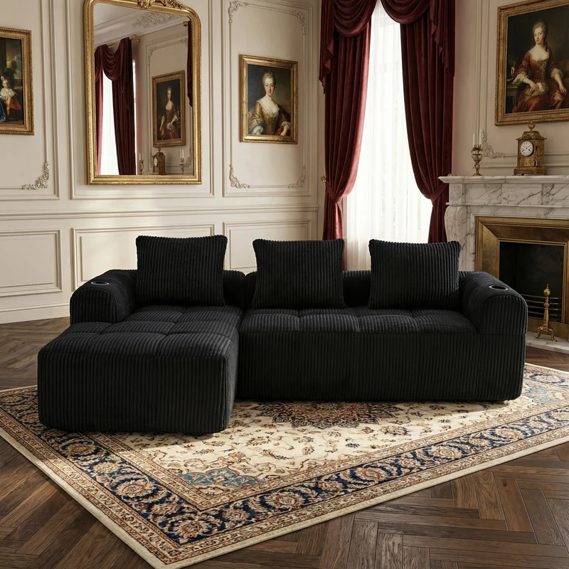 Canapé d'angle 3 places modulable en velours côtelé noir– confort premium, poches latérales et porte-gobelets GRASSLANDSEED
