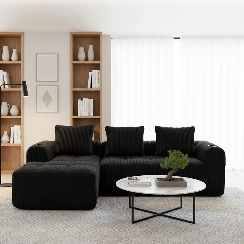 Canapé d'angle 3 places modulable en velours côtelé noir– confort premium, poches latérales et porte-gobelets GRASSLANDSEED