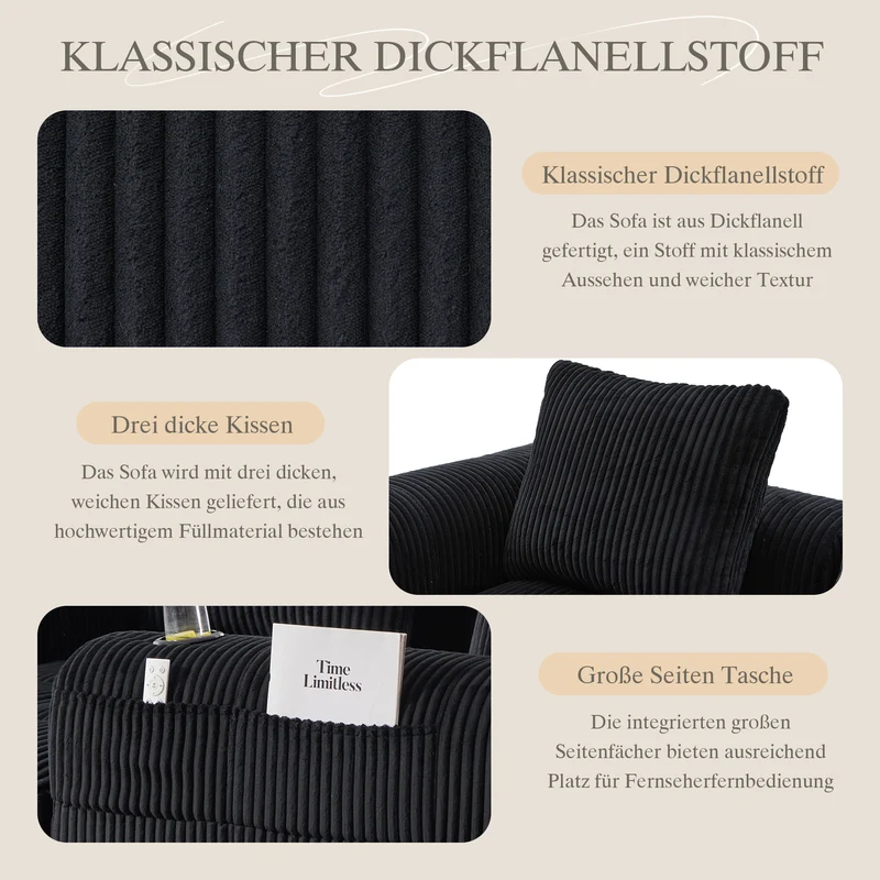 Canapé d'angle 3 places modulable en velours côtelé noir– confort premium, poches latérales et porte-gobelets GRASSLANDSEED