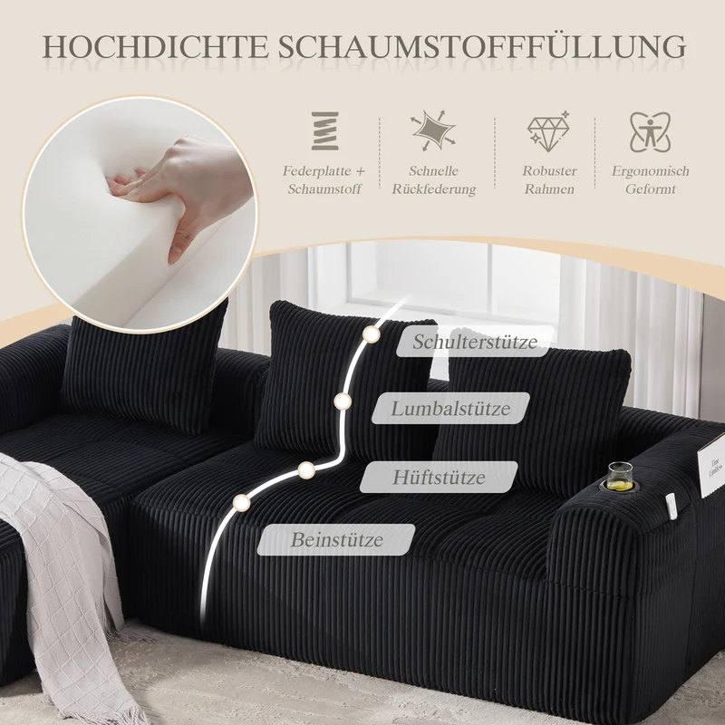 Canapé d'angle 3 places modulable en velours côtelé noir– confort premium, poches latérales et porte-gobelets GRASSLANDSEED