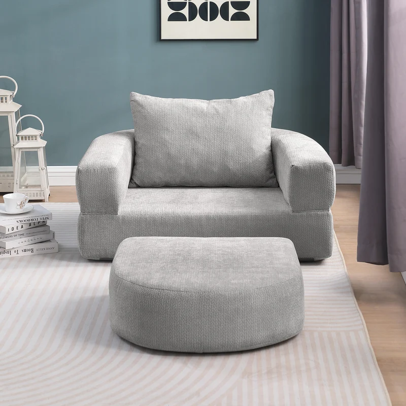 Canapé fauteuil convertible 2-en-1 matelas de sol modulable en chenille gris avec oreiller intégré SALTROAD