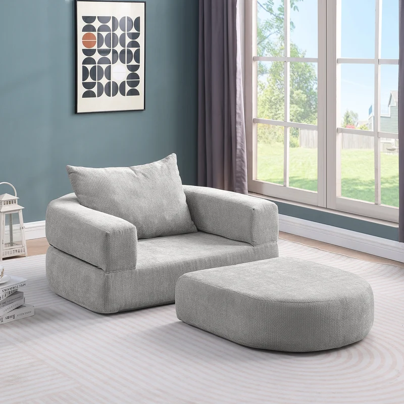 Canapé fauteuil convertible 2-en-1 matelas de sol modulable en chenille gris avec oreiller intégré SALTROAD