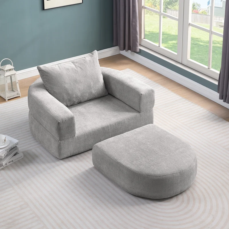 Canapé fauteuil convertible 2-en-1 matelas de sol modulable en chenille gris avec oreiller intégré SALTROAD