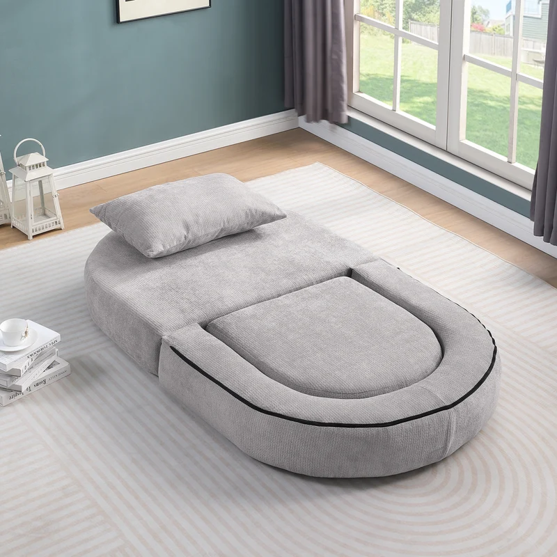 Canapé fauteuil convertible 2-en-1 matelas de sol modulable en chenille gris avec oreiller intégré SALTROAD