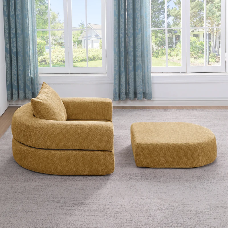 Canapé fauteuil convertible 3-en-1 matelas de sol modulable en chenille jaune avec oreiller intégré DRAGLINE
