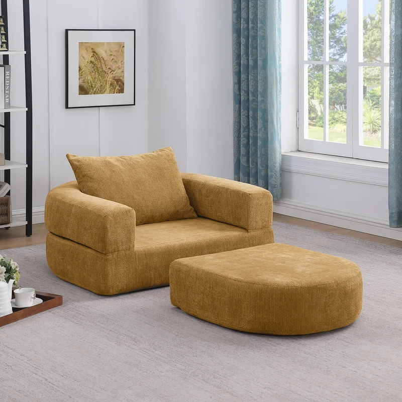 Canapé fauteuil convertible 3-en-1 matelas de sol modulable en chenille jaune avec oreiller intégré DRAGLINE