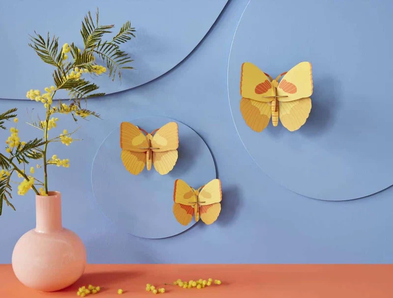 Décoration murale carton recyclé - Trio papillons jaunes