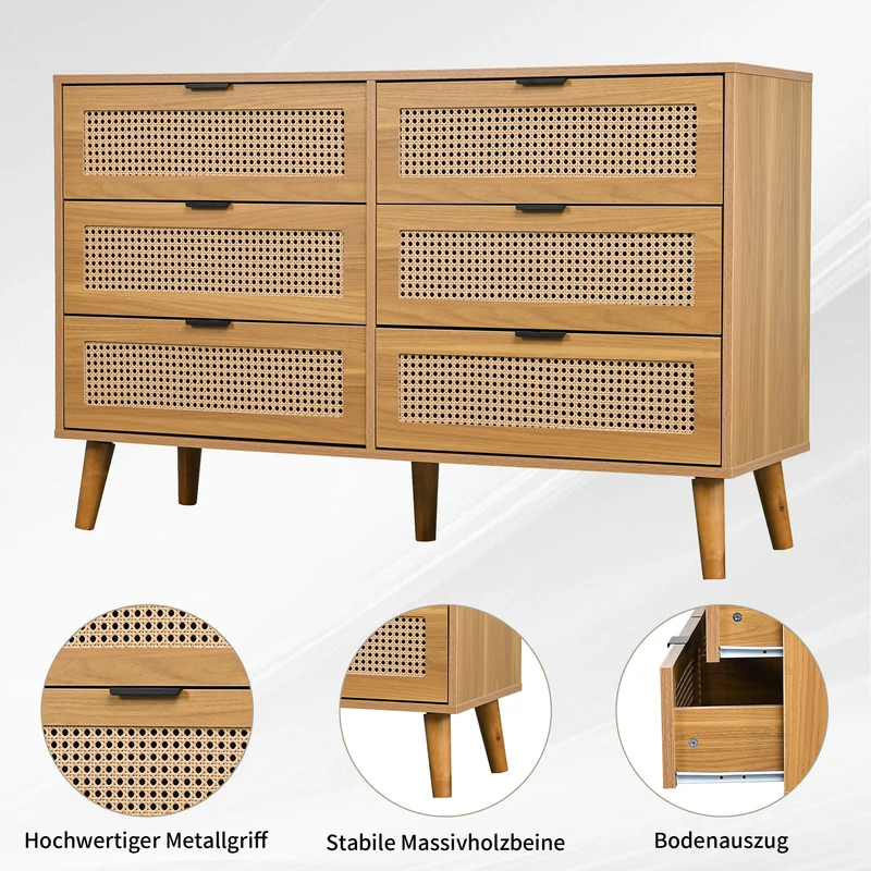 Buffet rétro façade en rotin tressé 6 tiroirs pieds obliques CANDELIL