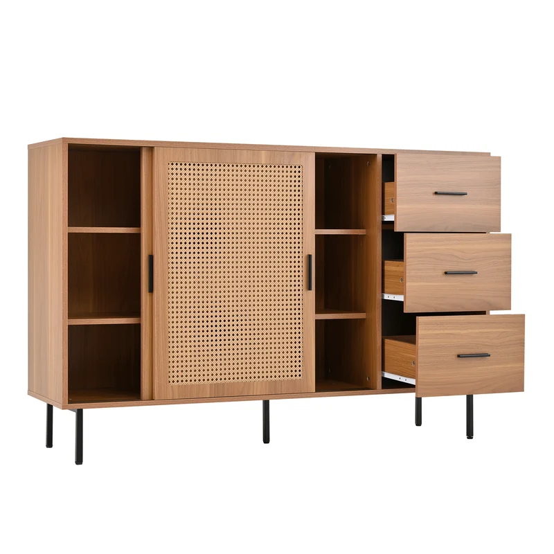 Buffet vintage effet bois et 2 portes coulissantes en rotin tressé et 3 tiroirs PROPOLIS