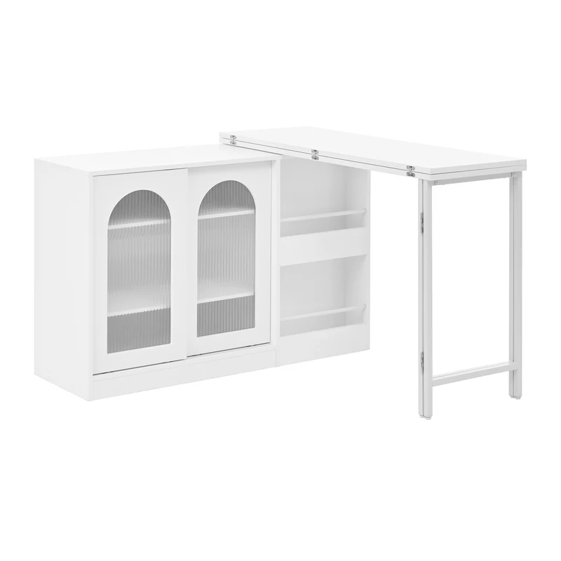 Buffet avec table retratable à 360° avec portes en verre ondulé convertible îlot de cuisine blanc PRAIRIEHAZE
