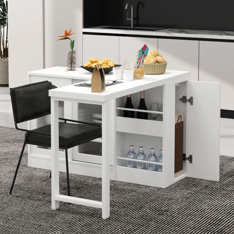 Buffet avec table retratable à 360° avec portes en verre ondulé convertible îlot de cuisine blanc PRAIRIEHAZE