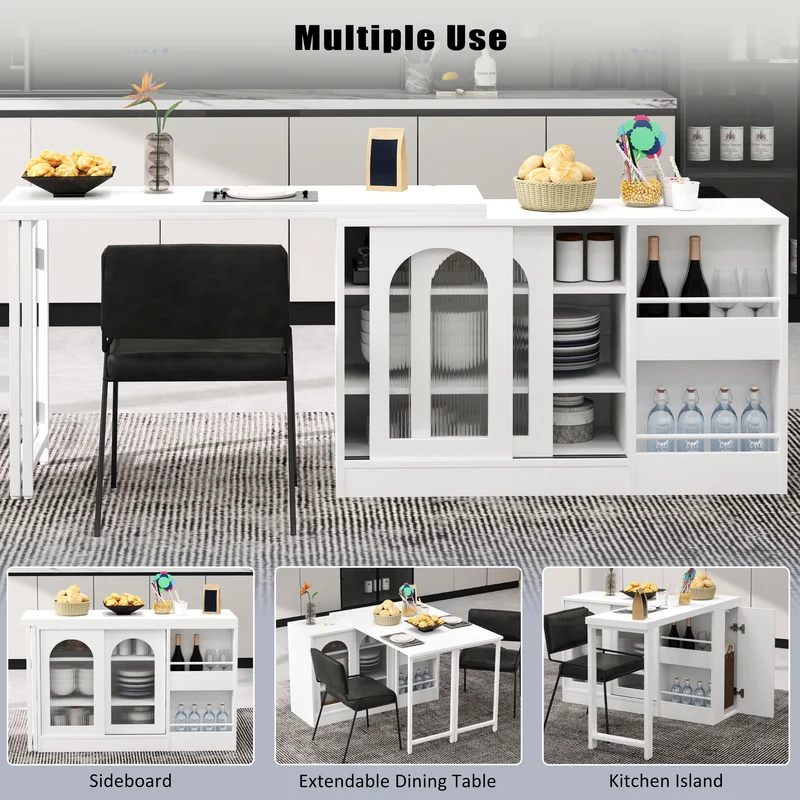 Buffet avec table retratable à 360° avec portes en verre ondulé convertible îlot de cuisine blanc PRAIRIEHAZE