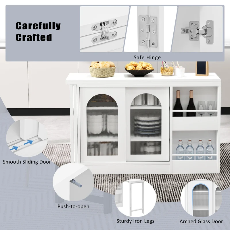 Buffet avec table retratable à 360° avec portes en verre ondulé convertible îlot de cuisine blanc PRAIRIEHAZE