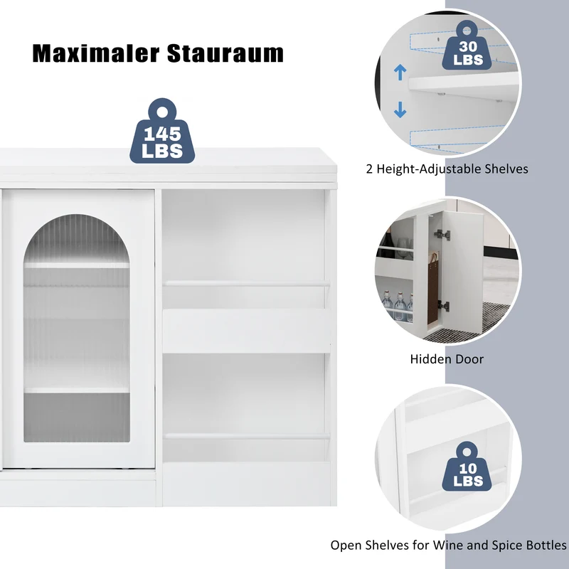 Buffet avec table retratable à 360° avec portes en verre ondulé convertible îlot de cuisine blanc PRAIRIEHAZE