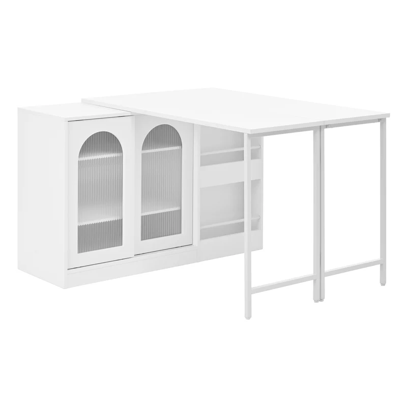Buffet avec table retratable à 360° avec portes en verre ondulé convertible îlot de cuisine blanc PRAIRIEHAZE