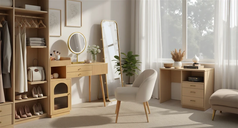 Coiffeuse moderne effet bois avec un miroir LED d'éclairage, 3 tiroirs et une armoire latérale (sans tabouret) IMMUNE