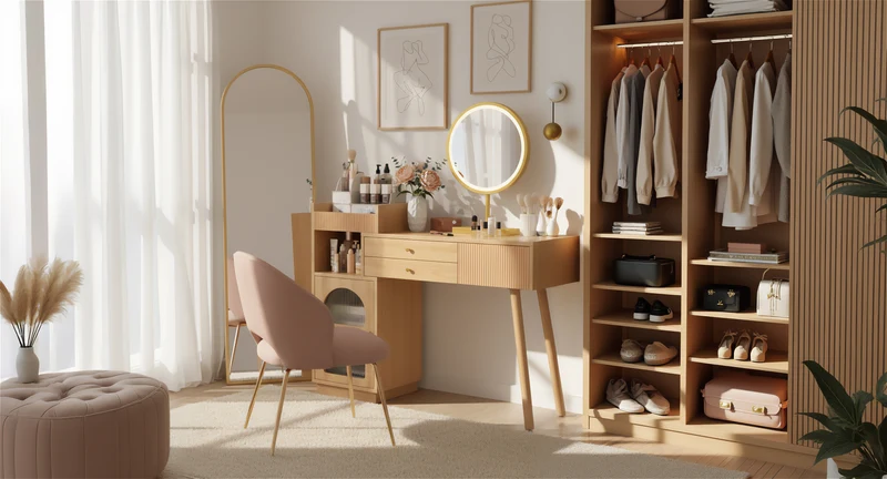 Coiffeuse moderne effet bois avec un miroir LED d'éclairage, 3 tiroirs et une armoire latérale (sans tabouret) IMMUNE