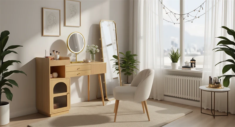 Coiffeuse moderne effet bois avec un miroir LED d'éclairage, 3 tiroirs et une armoire latérale (sans tabouret) IMMUNE