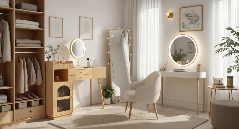 Coiffeuse moderne effet bois avec un miroir LED d'éclairage, 3 tiroirs et une armoire latérale (sans tabouret) IMMUNE