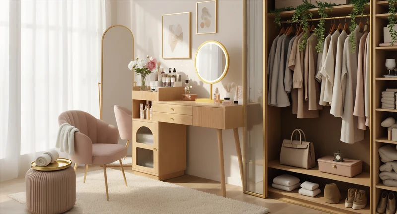 Coiffeuse moderne effet bois avec un miroir LED d'éclairage, 3 tiroirs et une armoire latérale (sans tabouret) IMMUNE