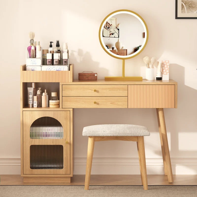 Coiffeuse moderne effet bois avec un miroir LED d'éclairage, 3 tiroirs et une armoire latérale (sans tabouret) IMMUNE