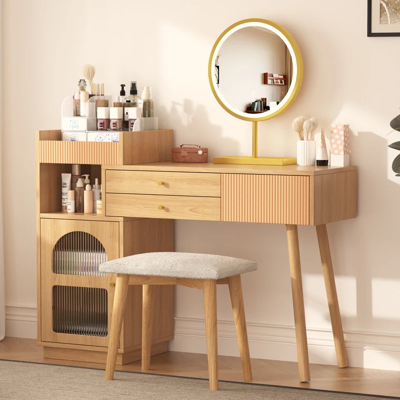 Coiffeuse moderne effet bois avec un miroir LED d'éclairage, 3 tiroirs et une armoire latérale (sans tabouret) IMMUNE