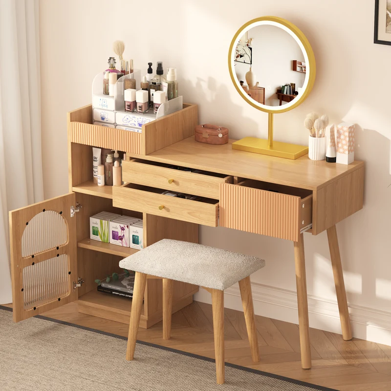 Coiffeuse moderne effet bois avec un miroir LED d'éclairage, 3 tiroirs et une armoire latérale (sans tabouret) IMMUNE
