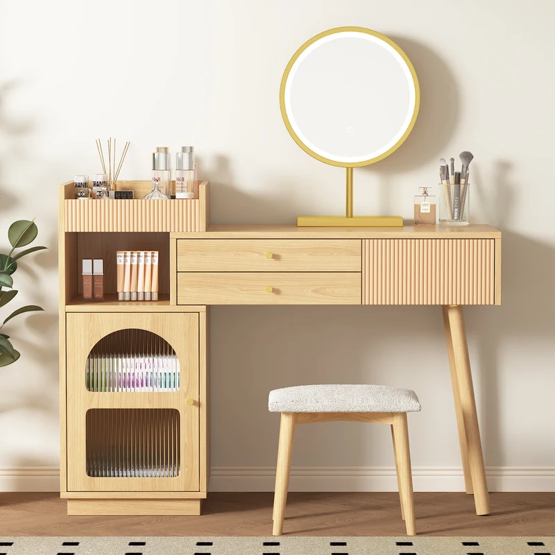 Coiffeuse moderne effet bois avec un miroir LED d'éclairage, 3 tiroirs et une armoire latérale (sans tabouret) IMMUNE
