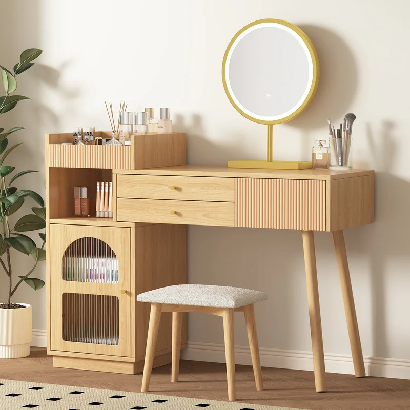 Coiffeuse moderne effet bois avec un miroir LED d'éclairage, 3 tiroirs et une armoire latérale (sans tabouret) IMMUNE