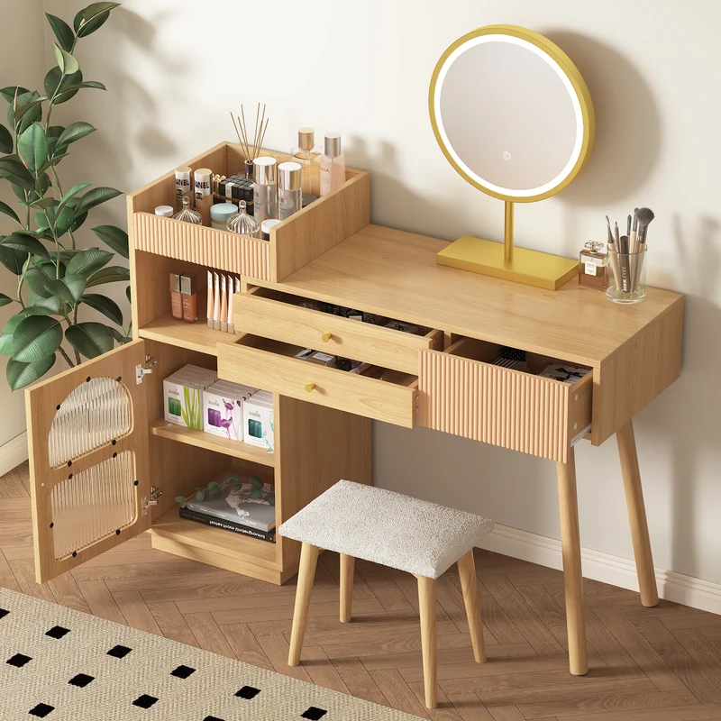 Coiffeuse moderne effet bois avec un miroir LED d'éclairage, 3 tiroirs et une armoire latérale (sans tabouret) IMMUNE