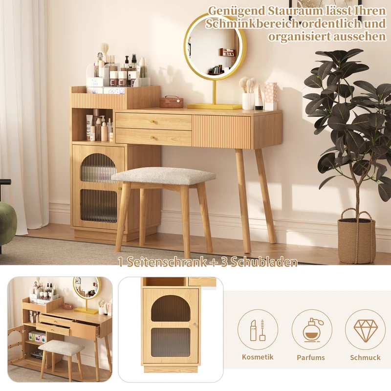 Coiffeuse moderne effet bois avec un miroir LED d'éclairage, 3 tiroirs et une armoire latérale (sans tabouret) IMMUNE