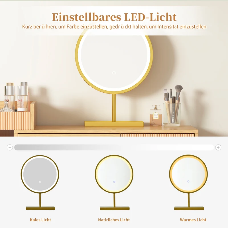Coiffeuse moderne effet bois avec un miroir LED d'éclairage, 3 tiroirs et une armoire latérale (sans tabouret) IMMUNE