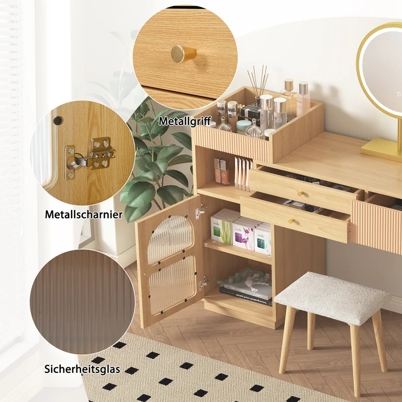 Coiffeuse moderne effet bois avec un miroir LED d'éclairage, 3 tiroirs et une armoire latérale (sans tabouret) IMMUNE